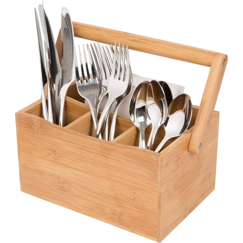 Cortesi Home Kira Natural Bamboo Cutlery Caddy Tabletop Holder with Handle and 4 Compartments - Image 3